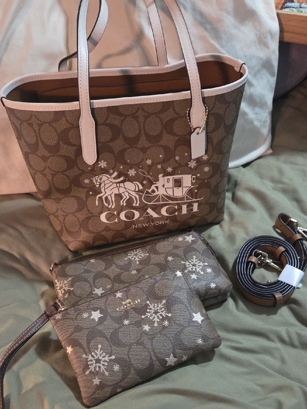 Coach Signature Tote with White Trim & Snowflake Wristlets